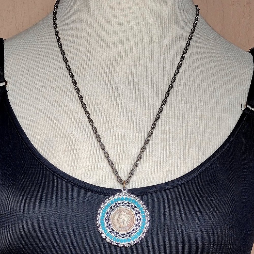 Vintage 1907 Indian Head Penny Necklace Silver-Tone with Faux Turquoise Beads